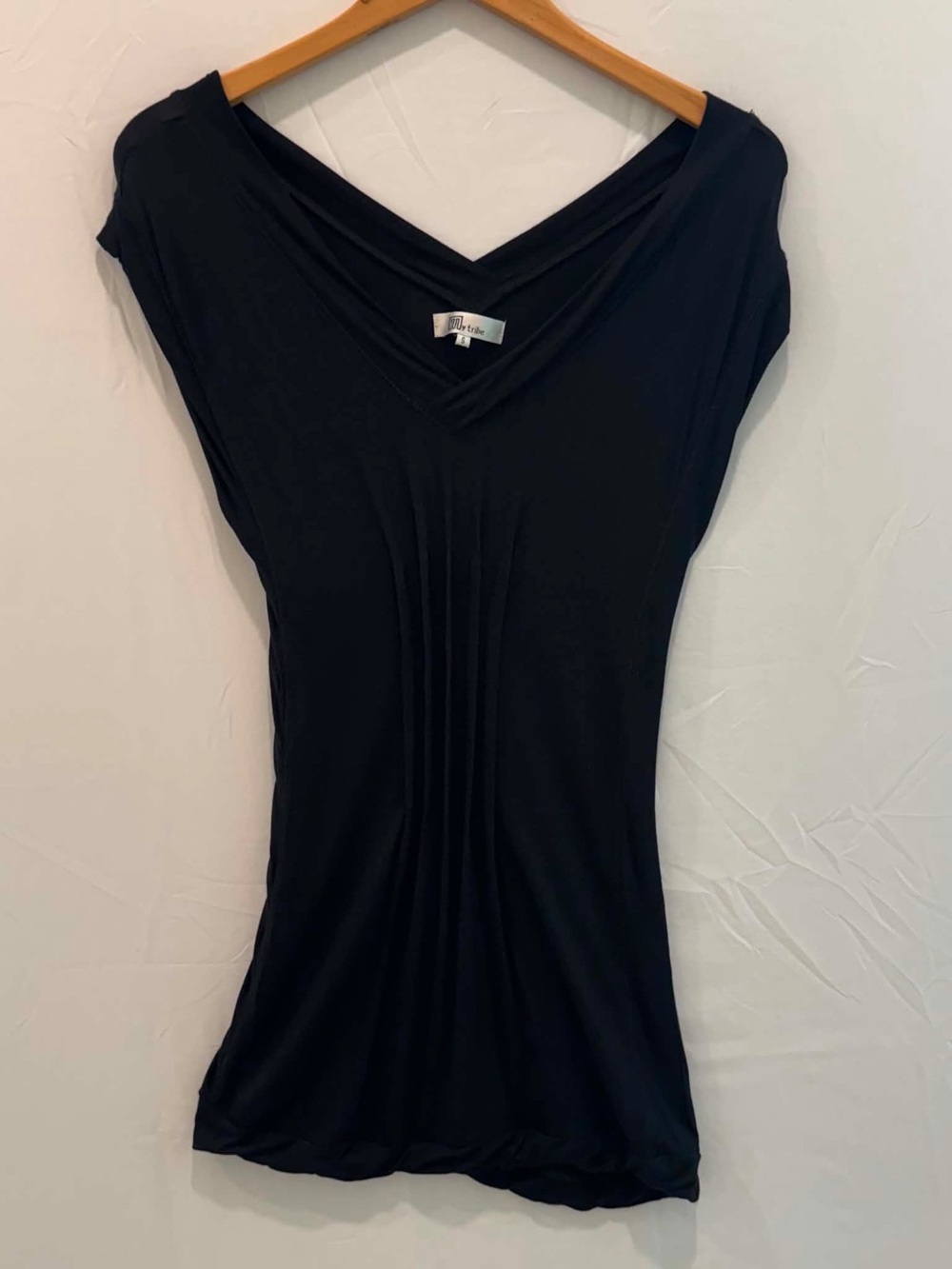 My Tribe Women Black V-Neck Ruched Tunic Size S